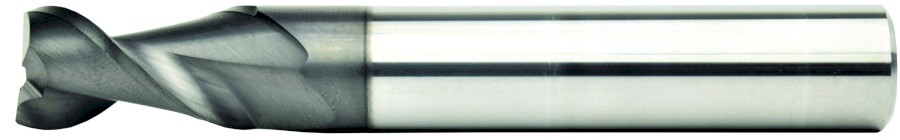 Karbidová monolitní fréza 12 mm. Na hliník . 2 břitá, drážka 45°, dlouhá, zub přes střed, rohová fazetka, stopka h6, DIN6527, DLC,  AL2